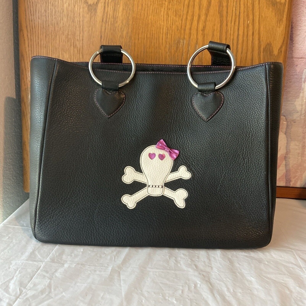 Sweet Tooth Skull And Crossbones Black Leather Tote Purse